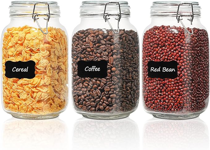 ComSaf Set of 3 Square Glass Jars with Airtight Lids (51 Oz), Wire Clamp Canisters for Pickling, Kombucha & Bulk Food, Wide Mouth Canning Jars for Space Saving Kitchen & Pantry Organization