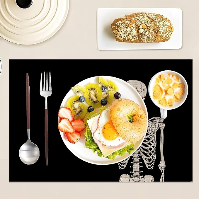 Funny Skull Skeleton Placemats Set of 6 Linen Washable, Heat-Resistant 12x18 Inch Table Place Mats for Kitchen Dining for Home Party Holidays