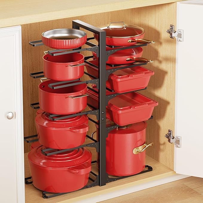 LAMU 10-Tier Pots and Pans Organizer under Cabinet, 23.62" Height Heavy Duty Pots Pans Organizer Rack for inside Cabinet Adjustable for Big Stockpots, Dutch Oven, Cast-iron Pans, Heavy Cookware
