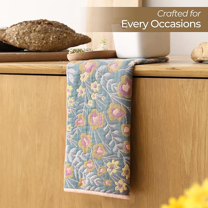 Kitchen Dish Towels for Drying 100% Cotton Set of 4, Ultra Absorbent Quick Drying Thick Reusable Cleaning Decorative Tea Towels with Hanging Loop,Reversible Boho Pretty Hand Towels,Floral