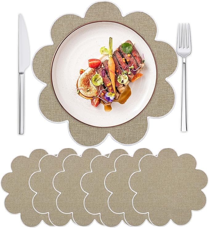 SK Studio Set of 6 Cotton Linen Placemats, 15x15 Round Scalloped Cloth Table Mats, Embroidery Double Layered Washable Dining Placemat for Hotel Restaurant Kitchen, Khaki