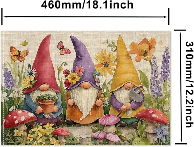 HOMETITUTE Gnome Artwork Linen Placemats Set of 4 12x18 inch Spring Table Mats for Dining Table Farmhouse Decorations Kitchen Decor Desk Mat for Outdoor Home Party Kitchen Seasonal Dining Decor