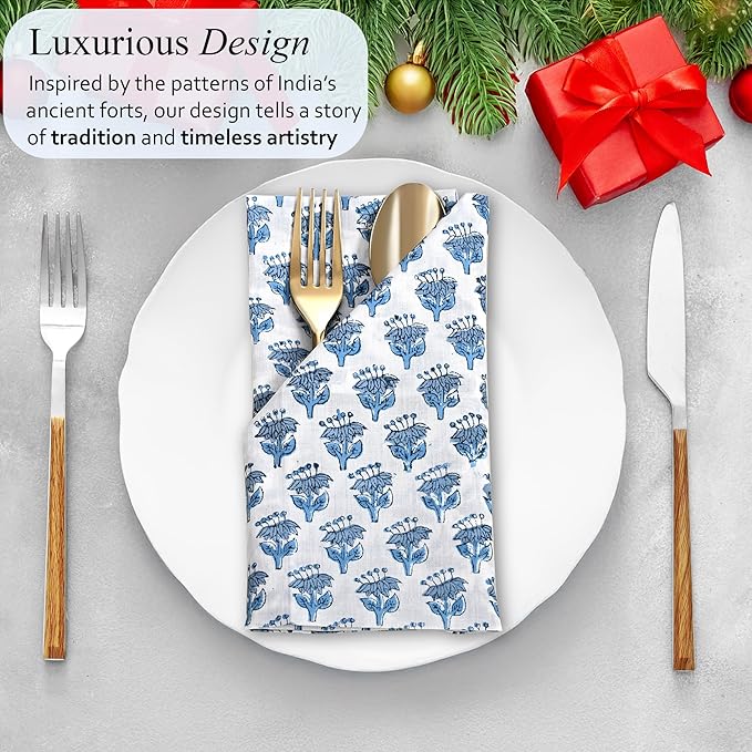 CPC Apatite Blue Indian Block Print Cotton Cloth Napkins Set of 4, 18x18 Reusable Everyday Napkins, Soft, Absorbent, Floral Dinner Napkin, Holiday, Party Gift, Spring,Mother's Day