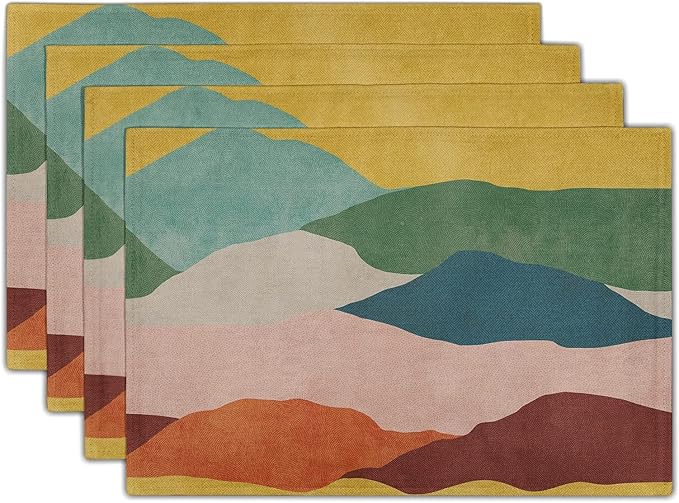 Colorful Art Placemats for Kitchen - Mountain Painting Placemats Set of 4 Abstract Modern Art Linen Table Mat Watercolor Place Mat Decorative Holiday Indoor Outdoor Dinner Decor 12 x 18 Inch