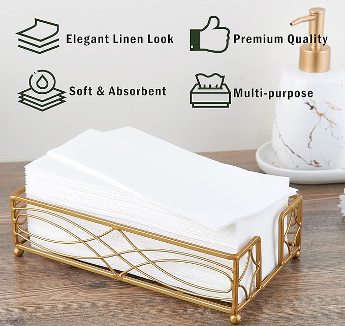 FOCUSLINE 200 Disposable Bathroom Napkins, Linen-Feel Paper Guest Towels, Soft and Absorbent Paper Hand Towels Party Napkins for Bathroom, Kitchen, Dinner, or Event, White, 12" x 17"