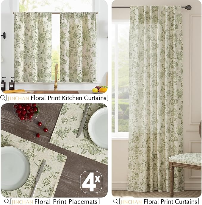 JINCHAN Linen Floral Fall Placemats Set of 4 Cloth Table Mats Rustic Cottagecore Jacobean Outdoor Seasonal for Kitchen Dining Table Decor Washable Tablemats 13x19 Inch Green