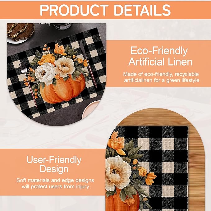 Plaid Pumpkin Placemats Set of 6,Flower Dinner Table Mats Non-Slip Washable Mats for Kitchen Dinner Party Tablemat 12x18Inch