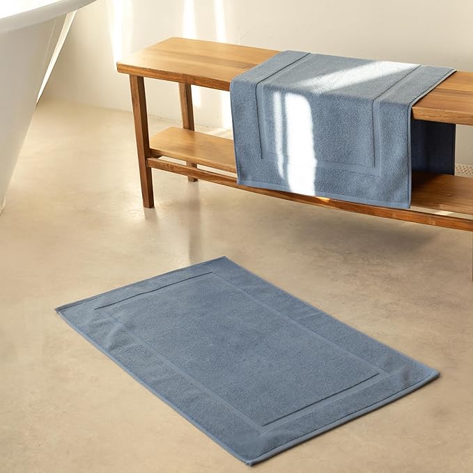 SALBAKOS 100% Turkish Cotton Bath Mat Set 2-Piece - 20x34 inch, Hotel & Spa Collection, Soft, Absorbent, Long Lasting, Durable Bathroom Rugs | Made in Turkey (Blue, 2 Bath Mats)