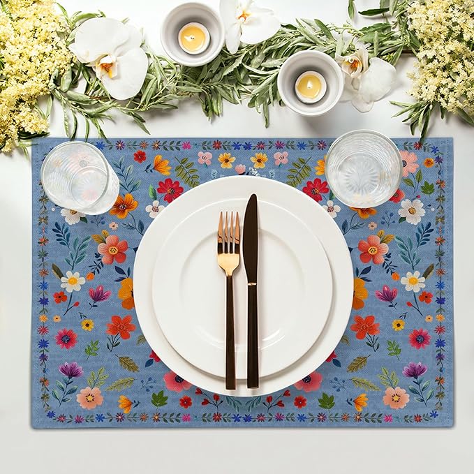 Blue Flowers Linen Placemats Set Spring Floral Table Mat for Women Kitchen Dining Decoration