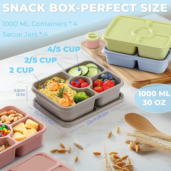 Bento Snack Box Containers, Reusable Meal Prep Lunch Containers for Adults Kids, Stackable Bento Snack Box 4 Pack, Divided Lunchable Food Storage Containers with Sauce Container, Earthy Brown