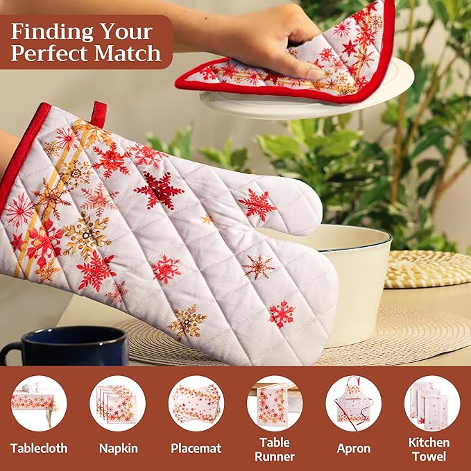 Maison d' Hermine 100% Cotton Oven Mitt & Pot Holder Set (7.5"x13" & 8"x8") Heat Resistant BBQ Cooking Gloves with Loop for Thanksgiving Christmas Decorations Handling Hot Pans (Crystal Star)