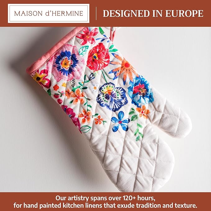 Maison d'Hermine Oven Gloves 100% Cotton Oven Mitt 7" x 13" with Loop Heat Resistant BBQ Cooking Gloves Baking Grilling Gifts for Mothers Day Spring/Summer(Pack of 1, Happy Florals - High Summer)