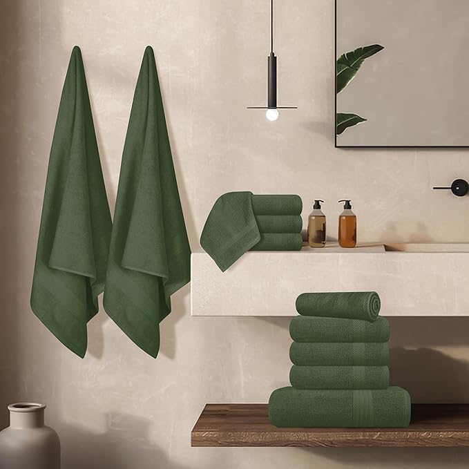 GLAMBURG Ultra Soft 24-Piece Towel Set - 100% Pure Ringspun Cotton, Contains 8 Oversized Bath Towels 27x54, 8 Hand Towels 16x28, 8 Wash Cloths 13x13 - Ideal for Everyday use, Hotel & Spa - Olive Green