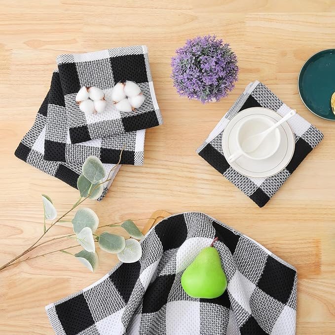 Homaxy Kitchen Towels and Dishcloths Set, 12 x 12 and 13 x 28 Inches, Set of 10 100% Cotton Waffle Weave Check Plaid Kitchen Dish Towels, Super Soft and Absorbent Dish Cloths, White & Black