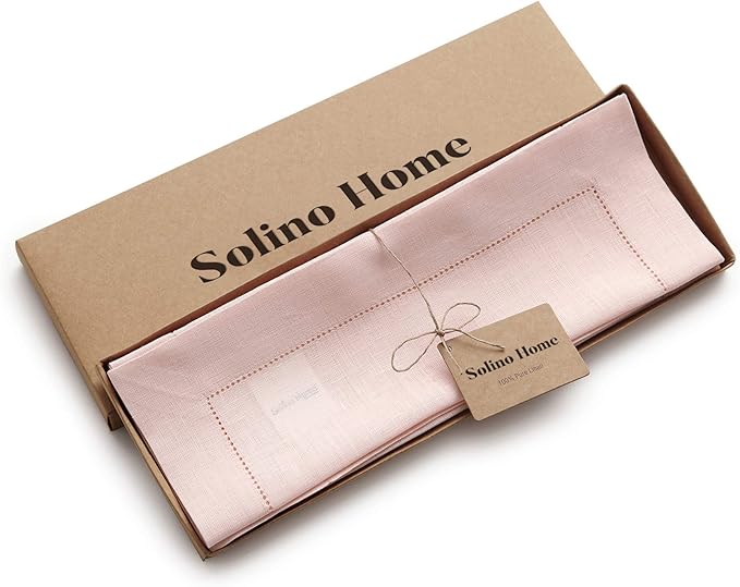 Solino Home Linen Cloth Placemats Set of 6-100% Pure Linen Hemstitch Pink Placemats 14 x 19 Inch - Classic Hemstitch Table Place Mats for Mothers Day, Spring, Summer