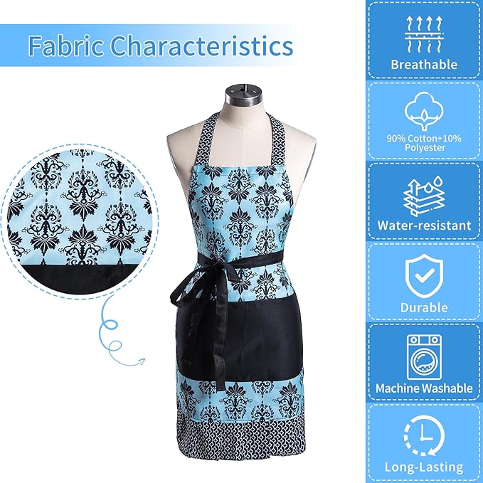Lovely Flower Pattern Retro Aprons With Large Pockets for Women Girls Cooking Kitchen Bakery Mother's Gift