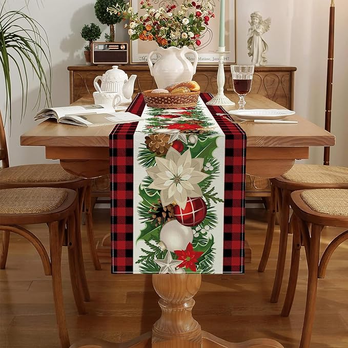 Christmas Decorations - Red and Black Buffalo Check Christmas Table Runner,Winter Holiday Kitchen Dining Table Decoration for Home Party Decor 13 x 72 Inch
