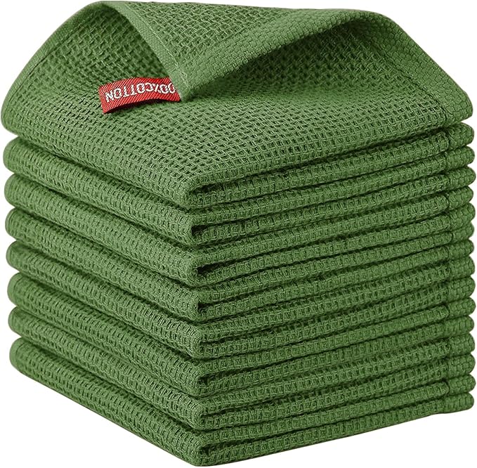 Nialnant 8 Pack Kitchen Towels,100% Cotton Cleaning Cloth,Waffle Weave Kitchen Wash Cloths for Dishes-12x12 Inch,Green