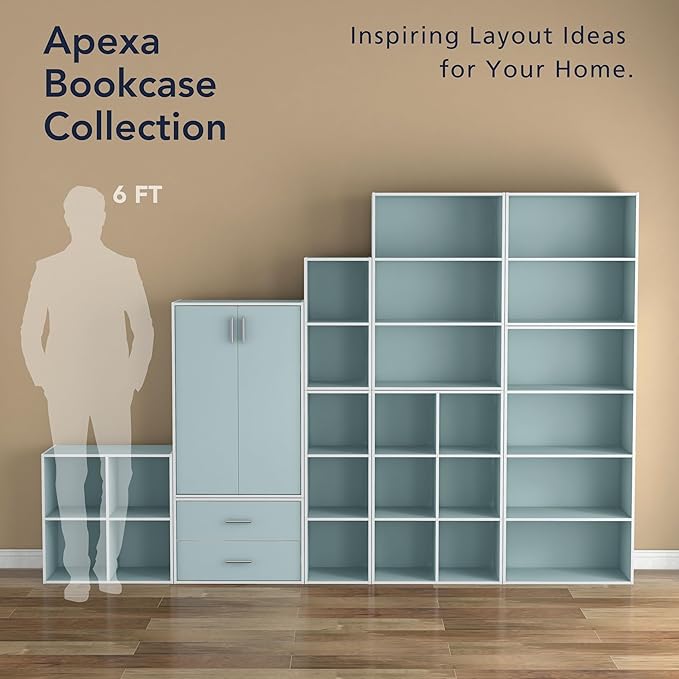 Homes: Inside + Out Apexa 3-Tier Stackable Wood Bookcase with Doors, Cube Storage Organizer Shelves, Small Food Pantry Cabinet, Dorm Teen Room Decor & Bedroom, Home Office, Kitchen, Light Blue