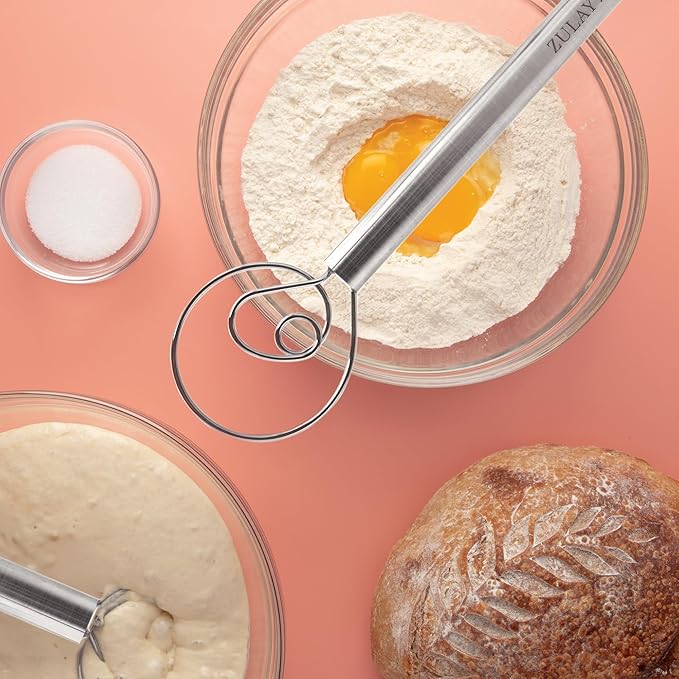 Zulay Kitchen 13-Inch Danish Dough Whisk - Stainless Steel Danish Whisk for Cooking with Single Eye Dough Hook - Traditional Dutch Whisk - Bread Whisk for Sourdough, Pizza, Pastry, Batter - 2 Pack