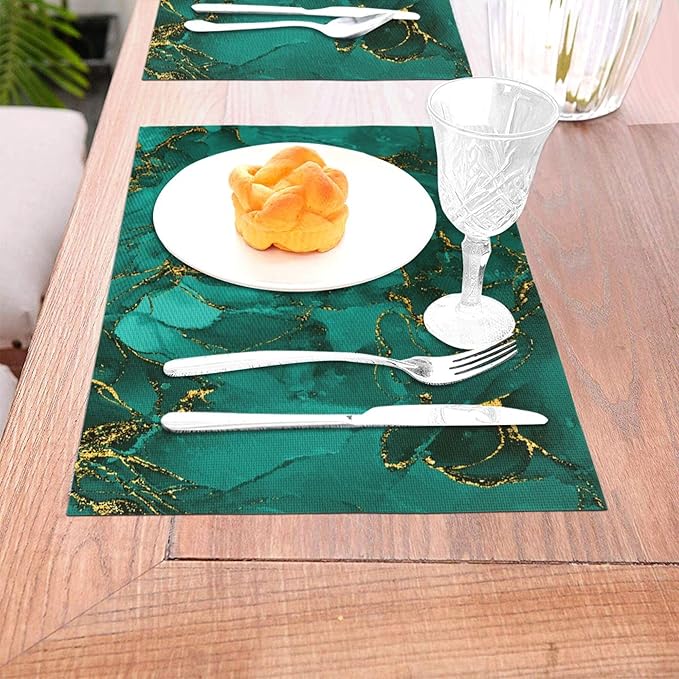 Turquoise Marble Decorative Placemats Set of 4, Emerald Dark Green Table Mats for Kitchen Holiday Party Modern Farmhouse Home Decor 12x18 Inch