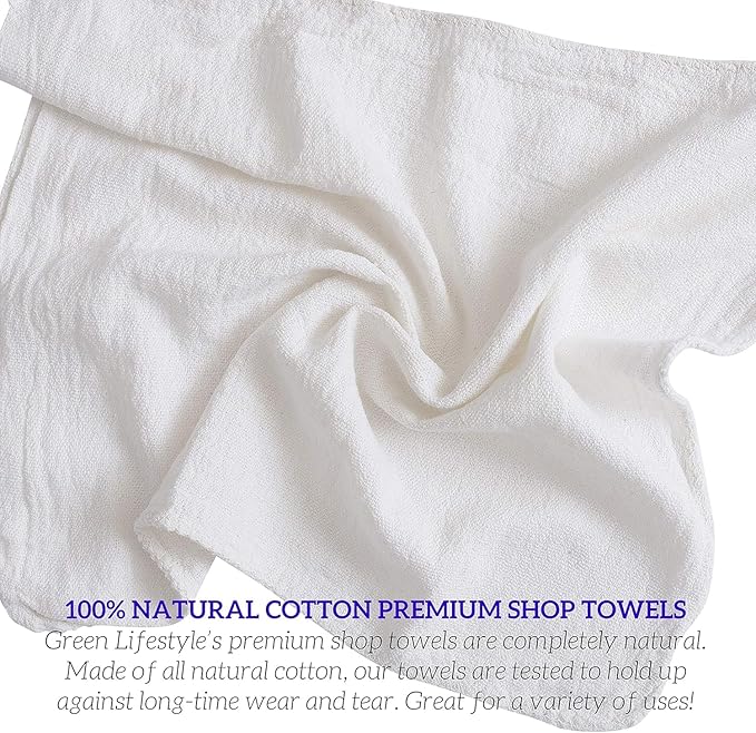 GREEN LIFESTYLE Shop Towels 12" x 14" 150 Pack - White Cotton Shop Towels, Cleaning Rags Bulk, Reusable Shop Rags, Durable Cleaning Cloths for Garage, Automotive, Industrial and Home