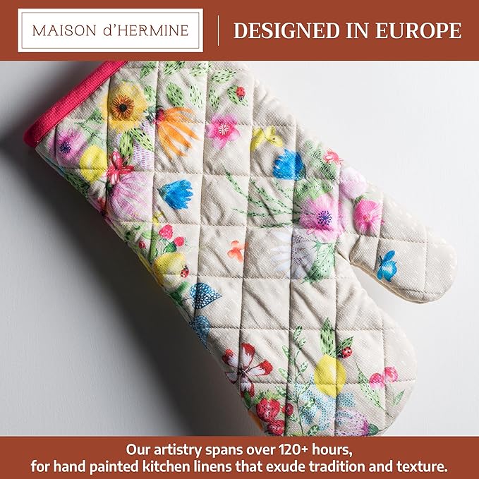 Maison d'Hermine Oven Gloves 100% Cotton Oven Mitt 7" x 13" with Loop Heat Resistant BBQ Cooking Gloves Baking Grilling Gifts for Mothers Day Spring/Summer (Pack of 1, Jardin D'Ete - Fog)