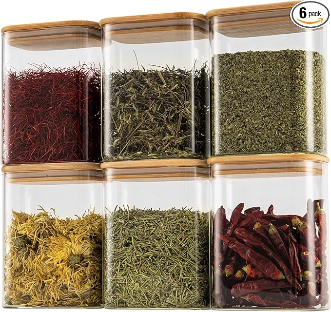 D2scrma 37oz Rectangle Airtight Glass Storage Containers with Bamboo Lids (Set of 6), Square Food Storage Jar, Pantry Organizers for Cereal, Nuts, Snacks and Coffee beans (‎with Black Lable)