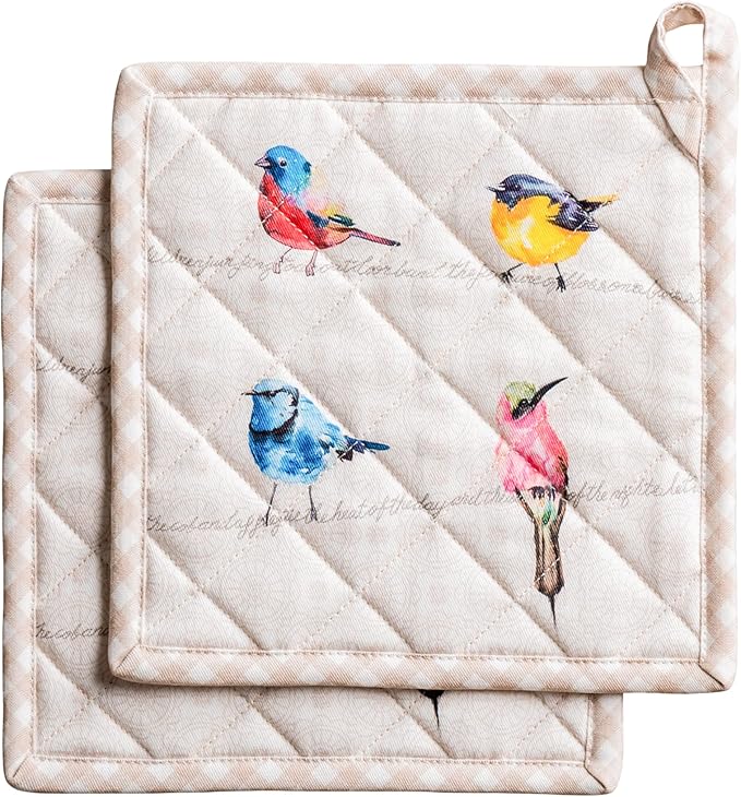 Maison d' Hermine Pot Holders 100% Cotton Heat Resistant Potholders 8" x 8" Hot Pads with Loop BBQ Cooking Baking Gifts for Mothers Day Handling Hot Pans Spring/Summer(Pack of 2, Birdies on Wire)