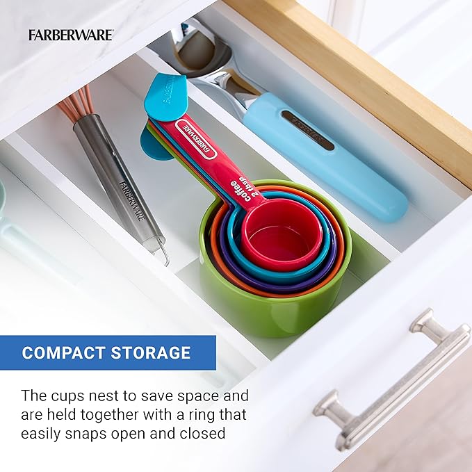 FARBERWARE 5-Piece Measuring Cup Set with Coffee Scoop, Durable Plastic Nesting Measuring Cups with Easy-Read Markings, BPA-Free, Dishwasher Safe