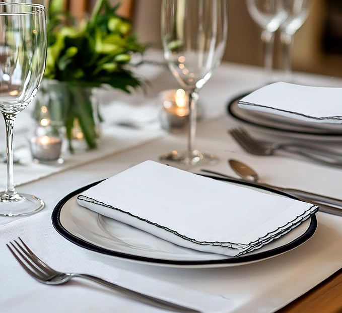 COTTON CRAFT Cloth Napkins - Set of 12 Soft Cotton 17x17 Inch White Dinner Napkins with Black Border Trim – Absorbent Reusable Fabric Serviettes for Table Settings, Parties, Everyday Use