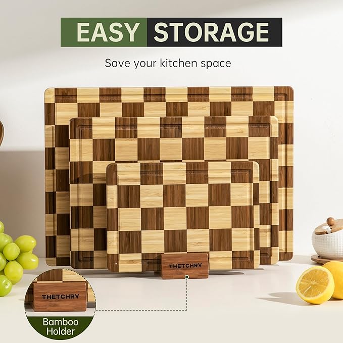3 Pack Checkered Bamboo Cutting Board Set, Decorative End Grain Thick Wood Cutting Board, Crack-Resistant, Heavy Duty Non-slip Chopping Boards, Aesthetic Serving Trays for Home Decor, Gift
