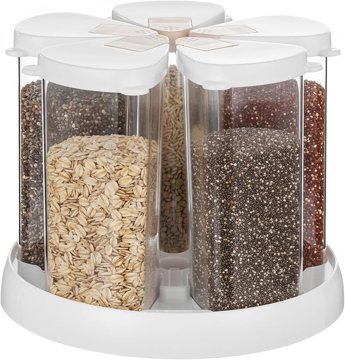 OMISTAR 5 Grids Grain Dispenser for Kitchen, Revolving Food Storage Container, Countertop Clear Cereal Dispenser with Rotating Base for Rice, Oats, Beans, Flour