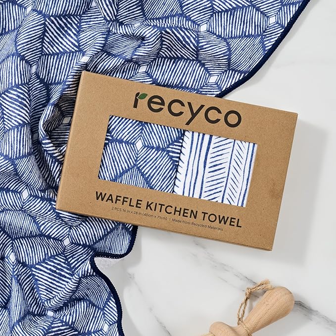 RECYCO Waffle Kitchen Towel Set of 2 - Quick Dry Microfiber Sustainable Dish Towels - Ultra Absorbent Reusable Cleaning Tea Towels - Lightweight Hand Towels,16”x 28”, Indigo Harmony
