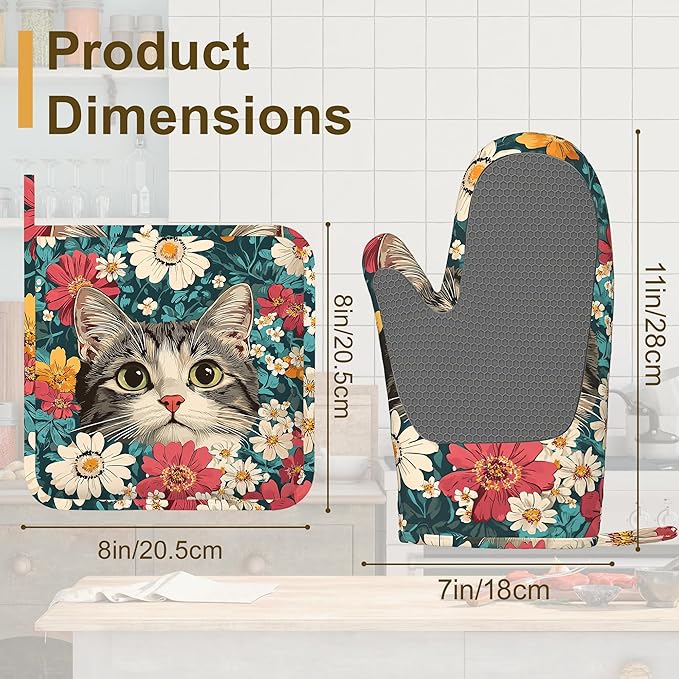 Cute Cat Oven Mitts and Pot Holders Set of 4,Blooming Colorful Flowers Kitchen Oven Glove Heat Resistant Oven Mitts with Non-Slip Silicone for Baking, Cooking, BBQ