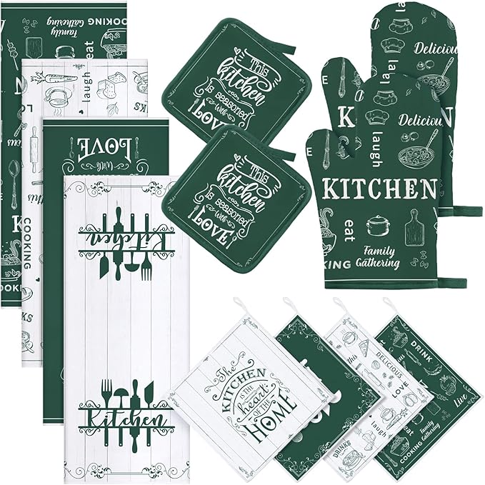 12 Pcs Farmhouse Kitchen Decor and Accessories Sets 4 Green Kitchen Towels 4 Absorbent Dishcloths 2 Pot Holders 2 Oven Mitts Gloves for Home Decorations Mom Gifts