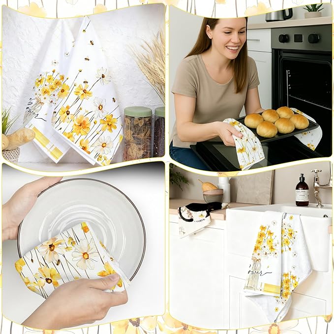 Yellow Floral Kitchen Towels Set of 4 – 16x24 Inch Cute Watercolor Daisy Bee Dish Towels, Soft Absorbent Hand Towels for Kitchen, Spring Summer Home Decor, Housewarming & Birthday Gift for Women