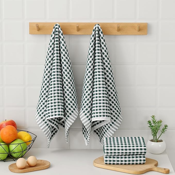 SALAS Cotton Dish Towels Cloths for Kitchen Drying Dishes, Lattice Terry Kitchen Towels, Highly Absorbent Cloths with Hanging Loop, 16‘’ x 26‘’, 4 Packs, Green and White