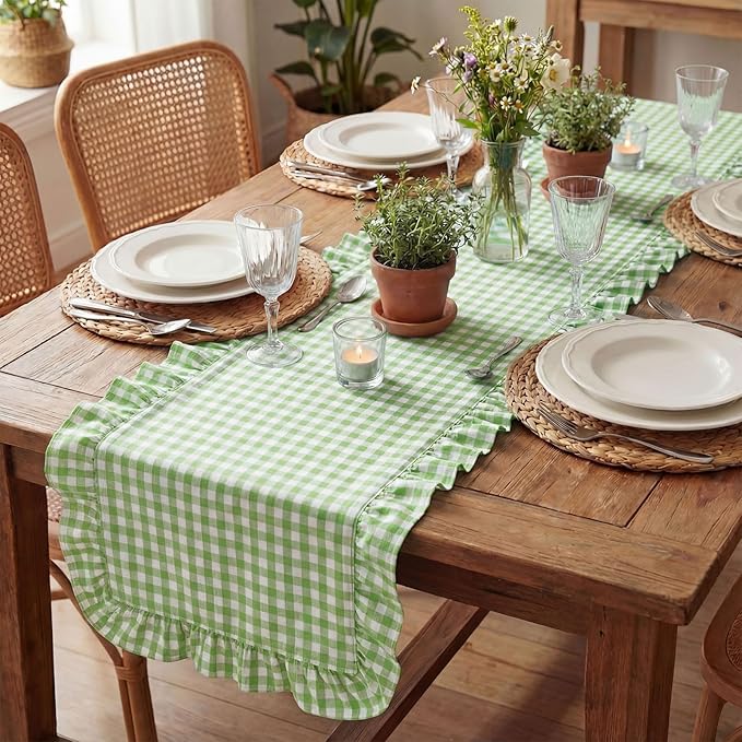 HunnmingRe 1 Pcs Light Green Plaid Gingham Ruffle Table Runner 118 x 13.8'' Farmhouse Easter Table Runner 100% Cotton Scalloped Long Dresser Scarves for Dining Room, Wedding, Kitchen Rustic Home Decor