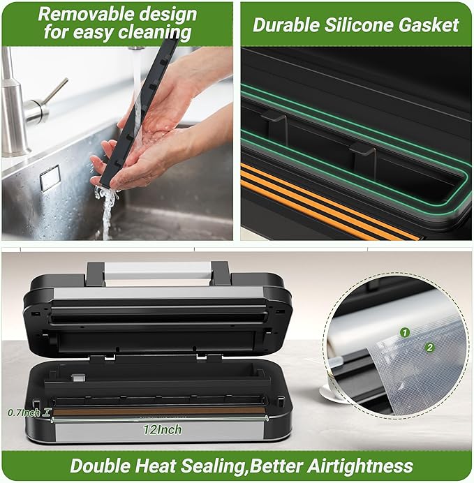 95kPa Vacuum Sealer Machine, Powerful Double Pump 10-in-1 Food Sealing System with Double Heat Seal, Built-in Cutter & Bag Storage, Easy-Lock Handle, Hose, 2 Bag Rolls, Durable Stainless Steel Design