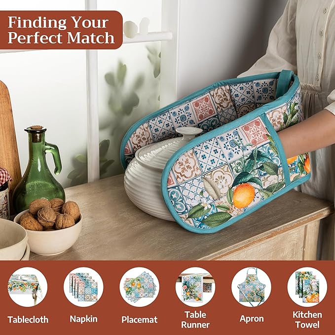 Maison d' Hermine Double Oven Mitts 100% Cotton 7"x35" Double Oven Mitt Heat Resistant BBQ Cooking Gloves with Loop Baking Grilling Gifts for Mothers Day Spring Summer (Agrume)