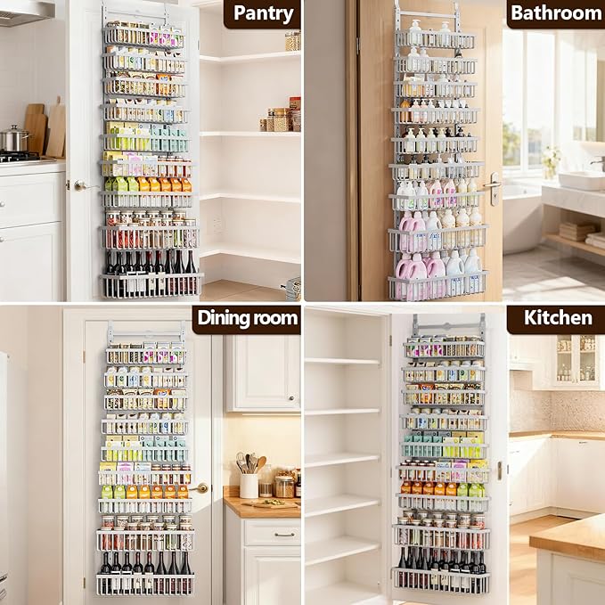 POKIPO 9 Tier Over The Door Pantry Organizer, 2 in 1 Wall Mount or Hanging Spice Rack with Adjustable Basket, Seasoning Organizer and Storage for Kitchen Cabinet Closet Bathroom