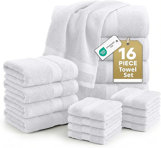 LANE LINEN 100% Cotton Bath Towel Set - 16 Pieces - Super Soft, Highly Absorbent & Quick Dry - 4 Bath, 8 Washcloths, 4 Hand Towels for Bathroom - Hotel Quality, Ideal for Spa, Gym & Travel - White