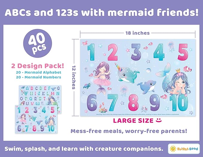 Bright Seed Disposable Placemats for Baby, Toddlers and Kids, 40 Disposable Baby Placemats for Restaurant, Dining Table & Travel, Learning Placemats for Kids, Toddler Travel, Mermaids ABC & Numbers