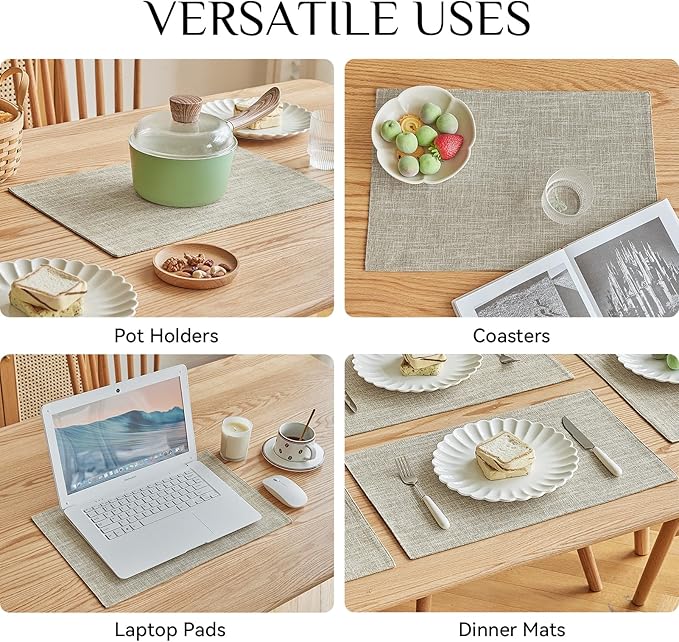 Softalker Faux Linen Placemats Set of 6-12 x 18 Inch, Heat Resistant Double Layered Durable Burlap Farmhouse Place Mats, Non-Slip Washable Rustic Table Mats for Dining, Kitchen, Party（Beige