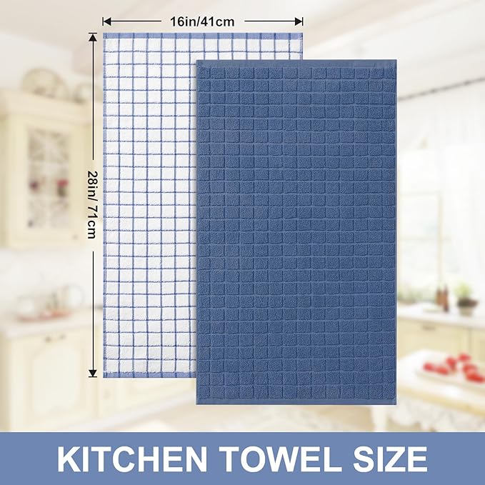 Homaxy Premium Cotton Kitchen Towels 16"x 28", Large Natural Ring Spun 390 GSM Dish Towels, Super Absorbent Terry Kitchen Hand Towels, Soft Tea Towels with Hanging Loop, Navy Blue Check Design, 8 Pack