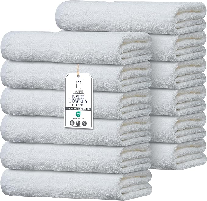Commercial Bulk Pack of 12 Small Bath Towels – 100% Cotton Terry 24" x 46" – Ideal for Hotels, Salons, Gyms, Spas & Institutional Use – White