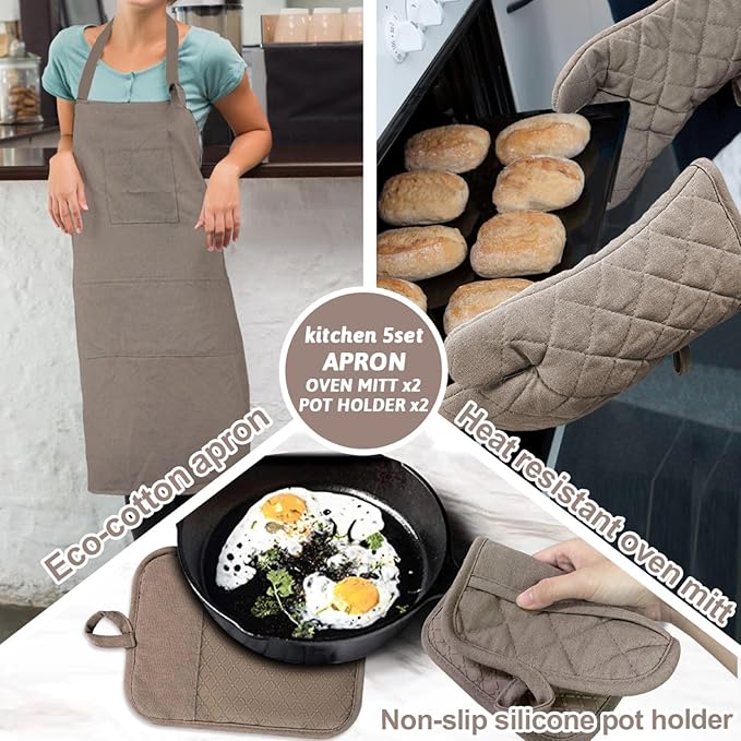 Oven Mitts and Pot Holders with Cooking Apron Set of 5, Heat Resistant Kitchen Gloves and Silicone Non-Slip Potholders, Adjustable Neck Buckle Chef Apron, Cotton Nice Design for Cooking (Coffee)