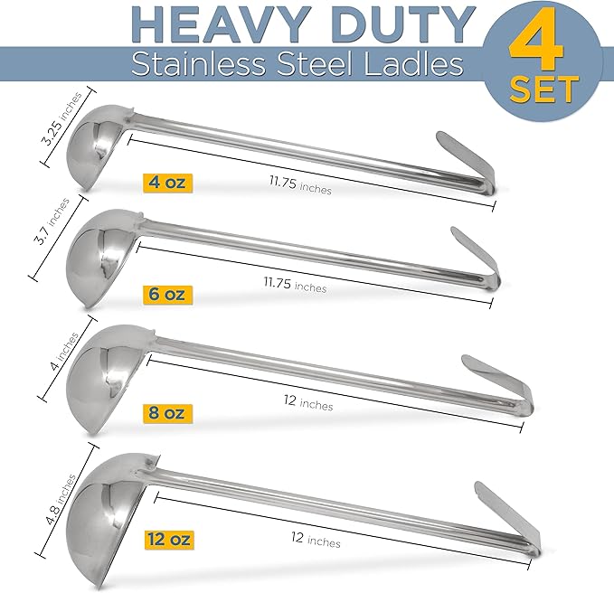 Fit Meal Prep Stainless Steel Soup Ladle One-Piece Sauce Spatula with Hook Handles, Commercial Grade Serving Spoon, Kitchen Tool for Restaurant or Home Cooking [Pack of 4] - 4oz, 6oz, 8oz, 12oz