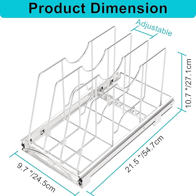 Pull Out Cookie Sheet Organizer for Cabinet, Pan and Pot, Cutting Board, Bakeware, Tray Organizer Rack, Sliding Rack- Heavy Duty, Adjustable Divider Width, 10" W x 22" D x 11" H, Chrome